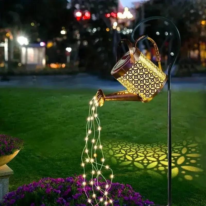 Solar Watering Can Light Retro Metal Lantern Outdoor Waterproof Shower Lights Hanging Star LED Fairy for Garden Decoration Pond