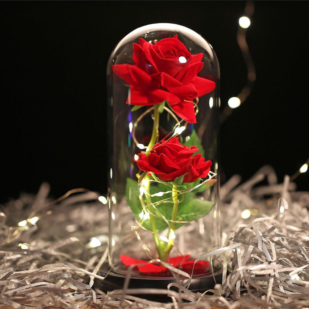 Glaskuppel Rose mit Lichtern - Kreatives Geschenk zum Frauentag und Nachtlicht-Ornament