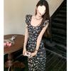 Black floral dress women's summer new skirt temperament advanced sense a word waist thin medium and long dress