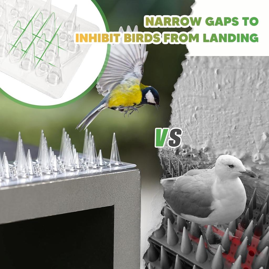 Upgraded 24 Pack Clear PVC Bird Spikes Strips Long Paired with Short Spikes Provide Narrow Gaps To Block Birds from Perching and Repel Birds Pigeon