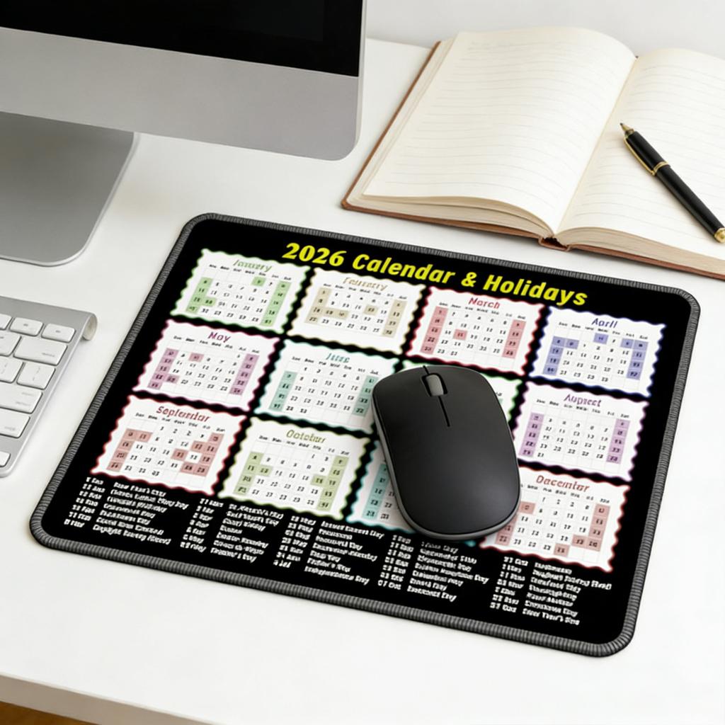 2026 Calendar Mouse Pad, Desktop Accessory, Non Rubber Base, Smooth