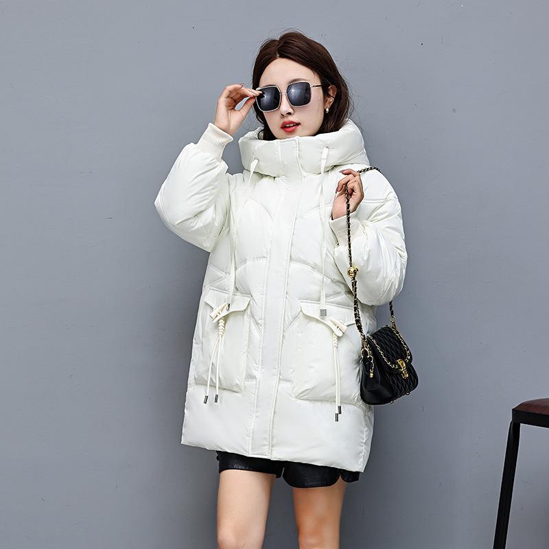 2025 new down cotton jacket mid-length thickened hooded padded jacket Korean version loose cotton jacket winter warm jacket for women