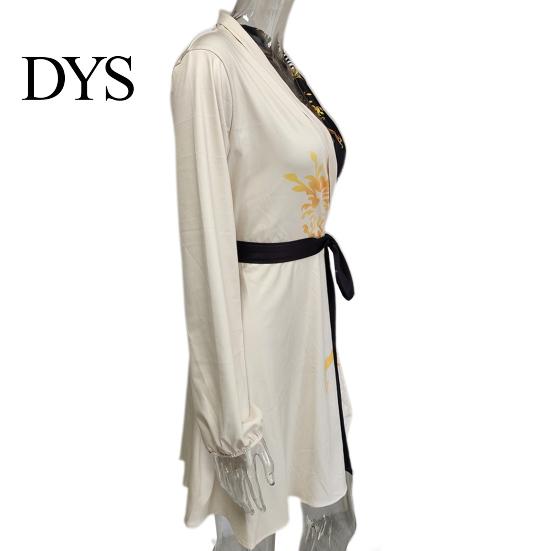 Slim Waist Dress Spring Fall Lady Women with Lace-up Tie Lapel V Neck Colorblock A-line Color Matching Coat Style Long Sleeves Commuting Business Mini