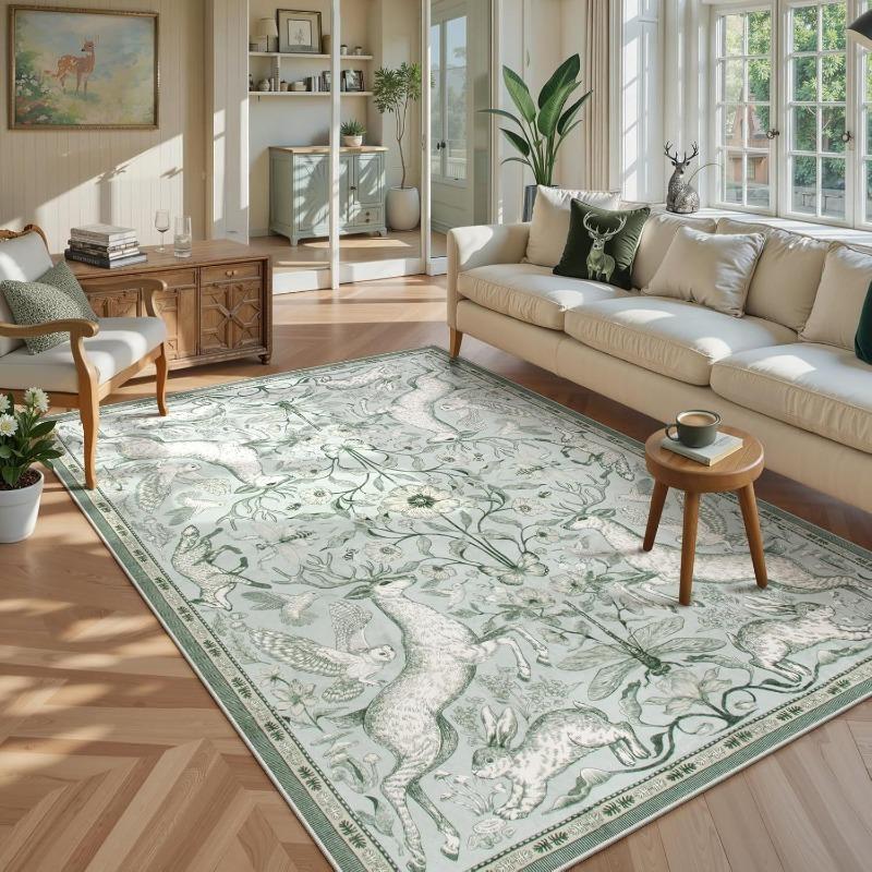 Forest Animal Deer Rabbit Nordic Green Grey Neutral Carpet Soft Non-slip Mat Rug for Living Room Bedroom Home Decoration Durable