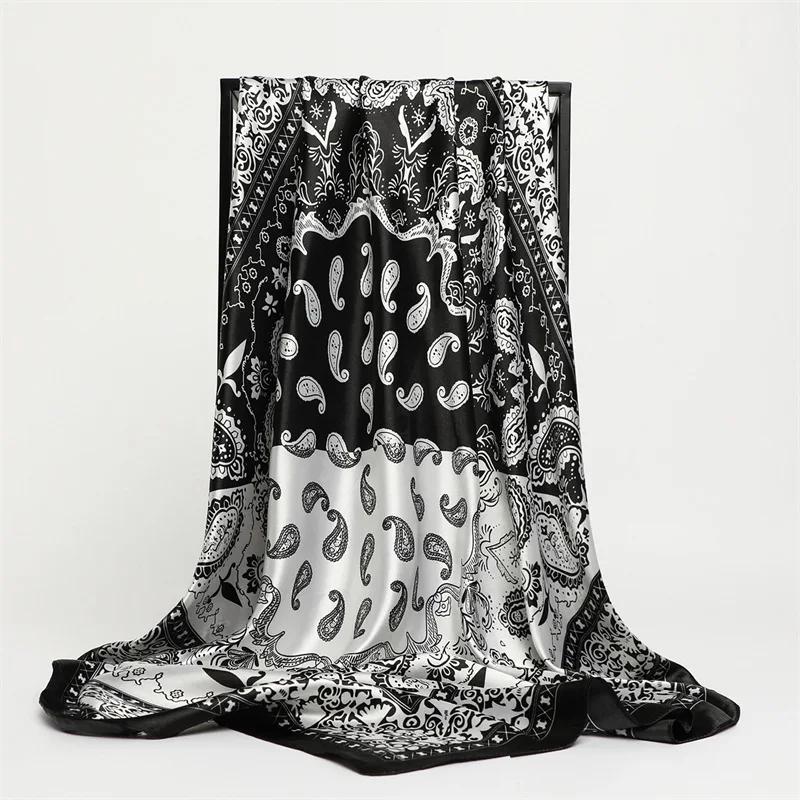 New Spring/Summer Orange Imitation Silk Neckerchief Outdoor Decoration Wraps for Women 90*90cm Cashew Print Square Scarf
