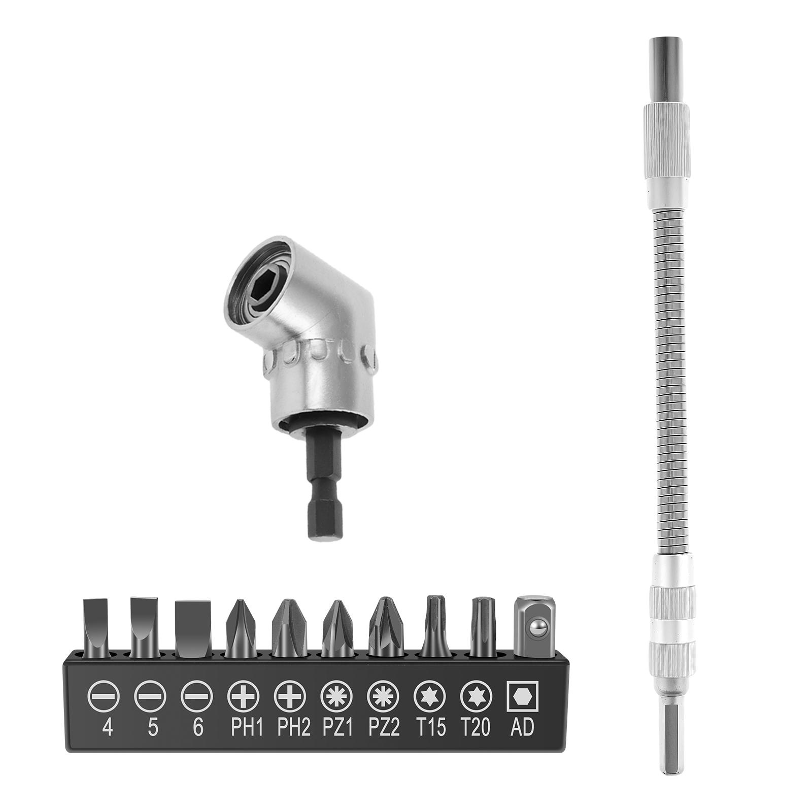 

Right Angle Impact Drill Adapter Set 1/4 Hex Shank Driver Angle Extension and Flexible Angle Extension Bit for Screwdriver