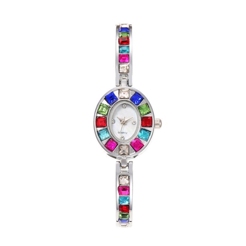 

Fashion With Watch Box Ladies Quartz Watch Colorful Diamonds Elegant Rhinestone Watche Oval Dial Watch Women Gift серебряный