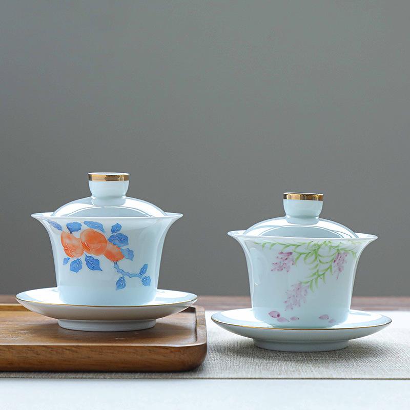 Hand-painted Cover Bowl Teacup, Single Ceramic Tea Bowl, Tea Cup, White Porcelain Three Talents Cover Bowlkung Fu Tea Set