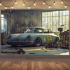 2D Flat 1pc Vintage Car Store Background - Garage Photography Background with Old Cars, Tools, Auto Shows, Theme Decorations