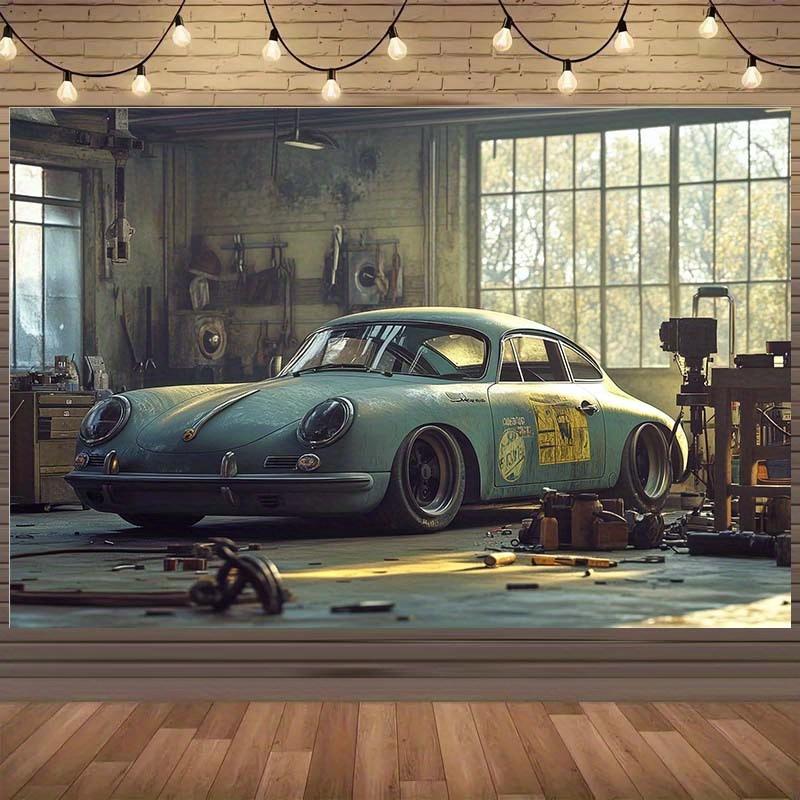 2D Flat 1pc Vintage Car Store Background - Garage Photography Background with Old Cars, Tools, Auto Shows, Theme Decorations