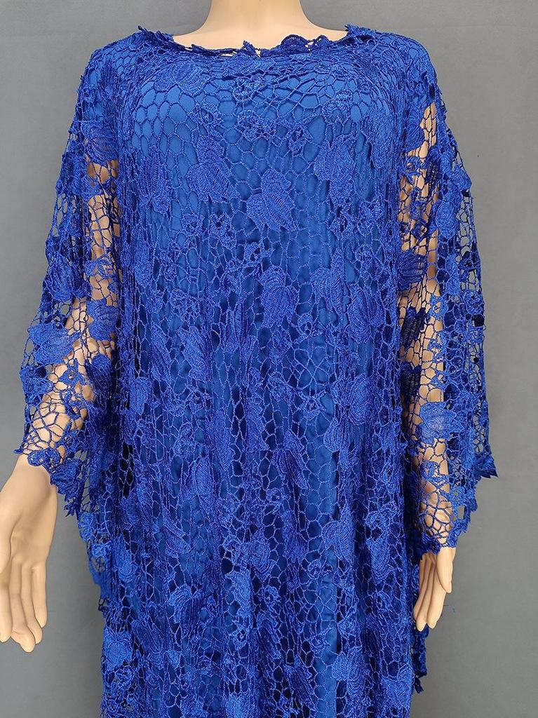 Plus Size African Women's Loose Long Robe Dress with Water Soluble Lace & Short Sleeves