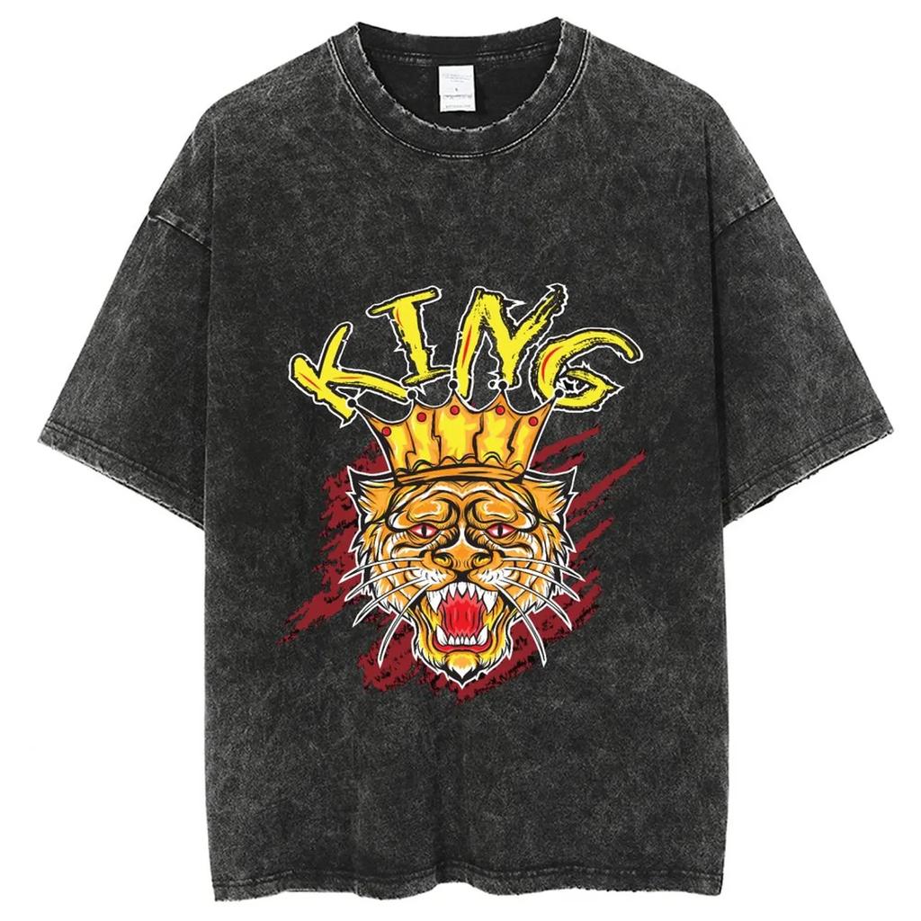 Vintage Washed T Shirts For Men, Attack On Tiger Print T Shirt , Harajuku Oversize Top Tee 100% Cotton Unisex Y2k