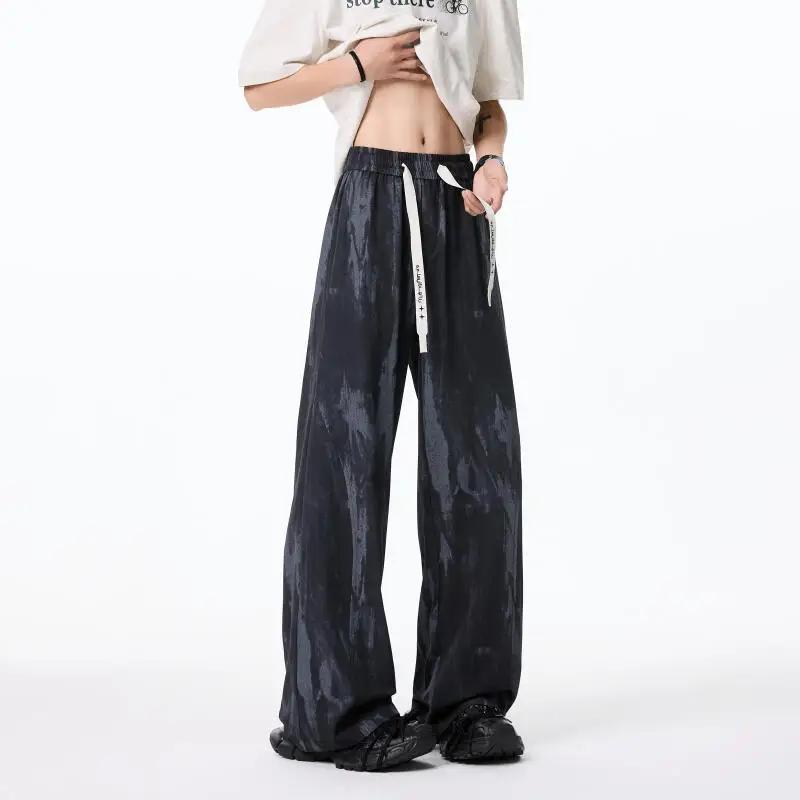 2026 Spring Summer Men Casual Tie-Dye Pants Men Loose Long Pants Male Trendy Straight Trousers Man Vintage Black White Pants