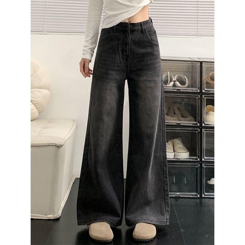 

Women s High-Waisted Fleece-Lined Wide-Leg Black-Gray Korean Style Jeans - Slimming, Floor-Length, Trendy