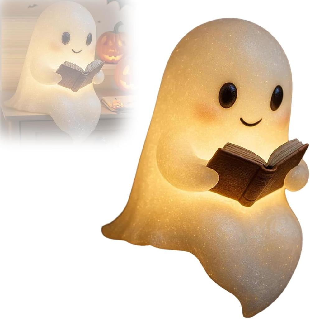 Ghost Reading Book Lamp, Halloween Light Up Ghost Statue Night Light House Mantel Decor for Home, Light Up Halloween Decor, for Bedroom Study Room