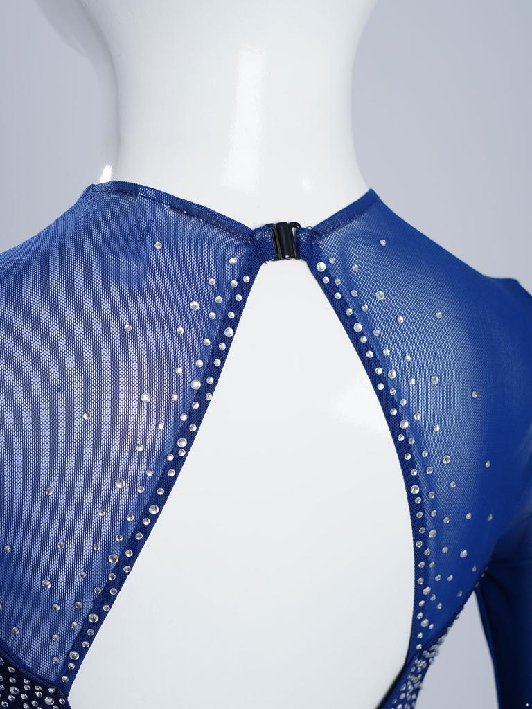 Girls Sparkly Rhinestones Dance Dress Mesh Long Sleeves Cutout Back Asymmetric Hem Figure Skating Dress