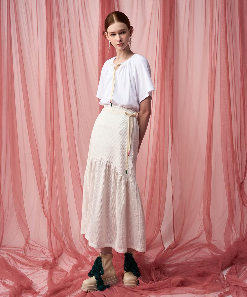 Pelimela Seersucker Flare Long Skirt (White)