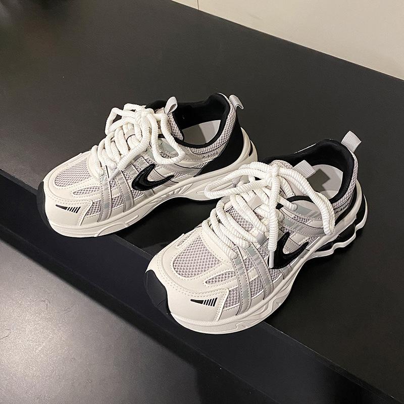 Retro Niche Leather Platform Dad Shoes for Women 2025 Autumn New Mesh Breathable Sneakers Lightweight Jogging Shoes