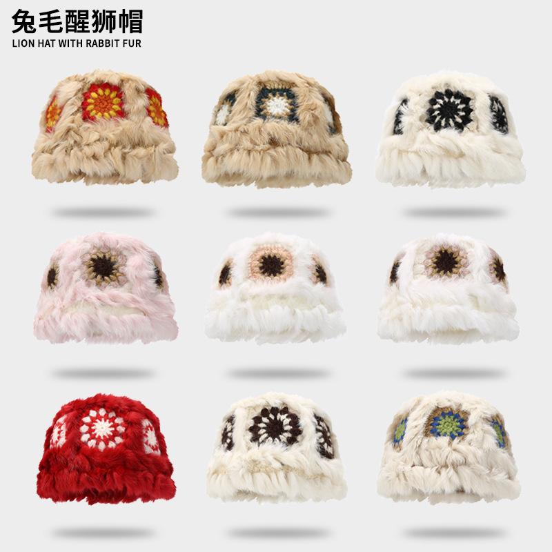 New rabbit fur lion hat women's autumn and winter cute warm plush bucket hat versatile face small handmade bucket basin hat