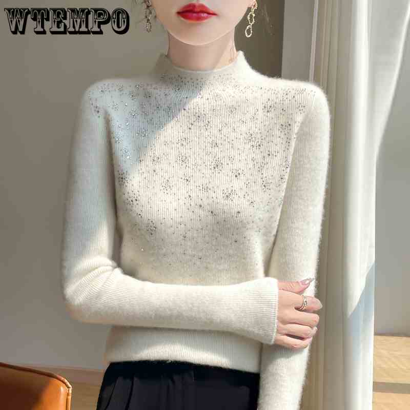 Schwerer Strass-Pullover für Damen, dick, Winter, Slim Fit, innen gestrickter Basis-Pullover-Top