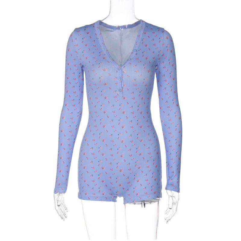 

Shemoda Мода Инс Стиль Пуговица Полуоткрытый Воротник Цветочный Длинный Рукав Комбинезон Женский Ранняя Осень Сексуальный Цельный Шорты Blue S