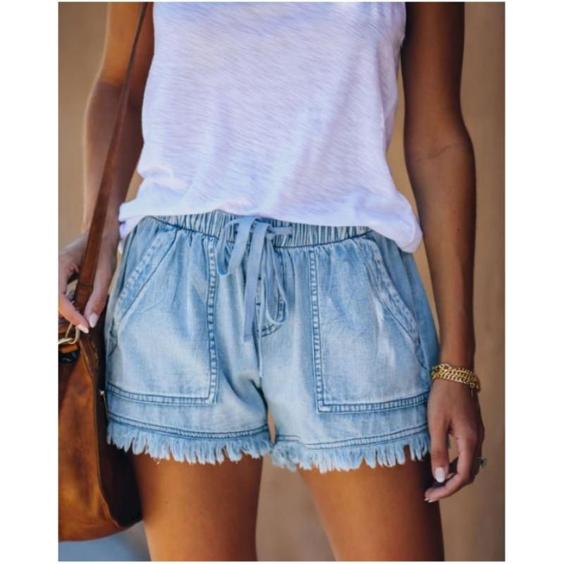 Women's Summer Solid Color Casual Thin Fringe Denim Shorts Loose Non-elastic High-waisted Pants