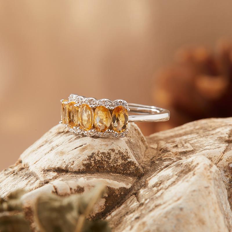 S925 Sterling Silver Natural Citrine Ring Women'S Premium Sense Row Diamond Treasure Jewelry Index Finger Ring