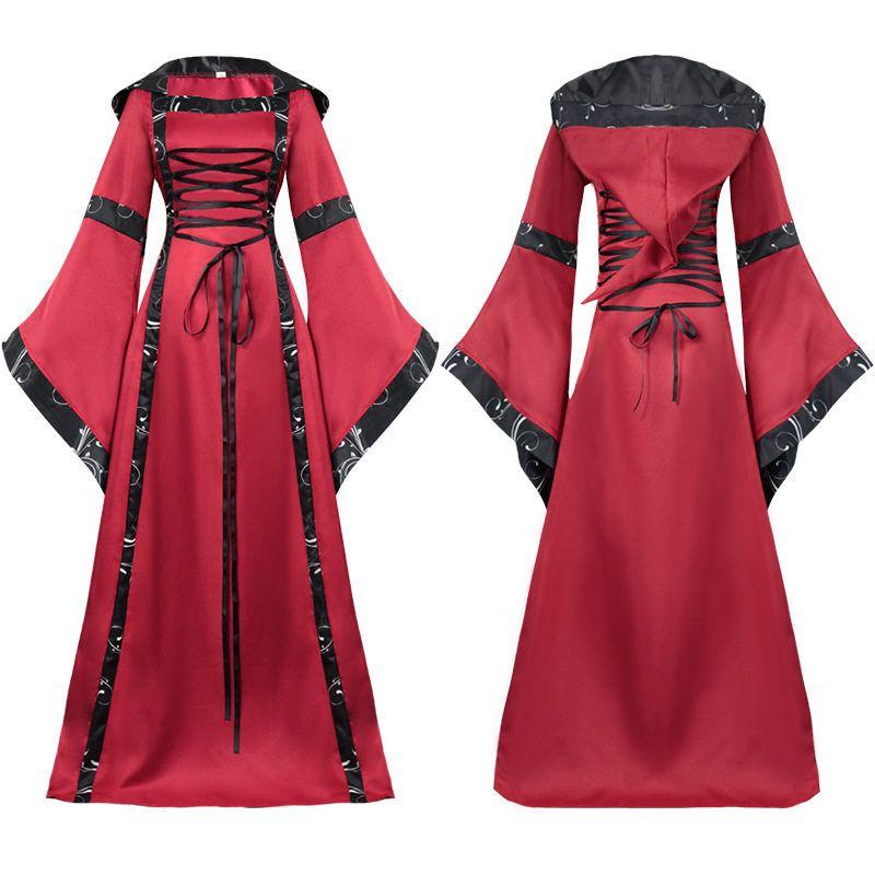 2020wish Foreign Trade European and American Medieval Retro Hood Dress Square Collar Lace-up Bell Sleeve Swing Skirt