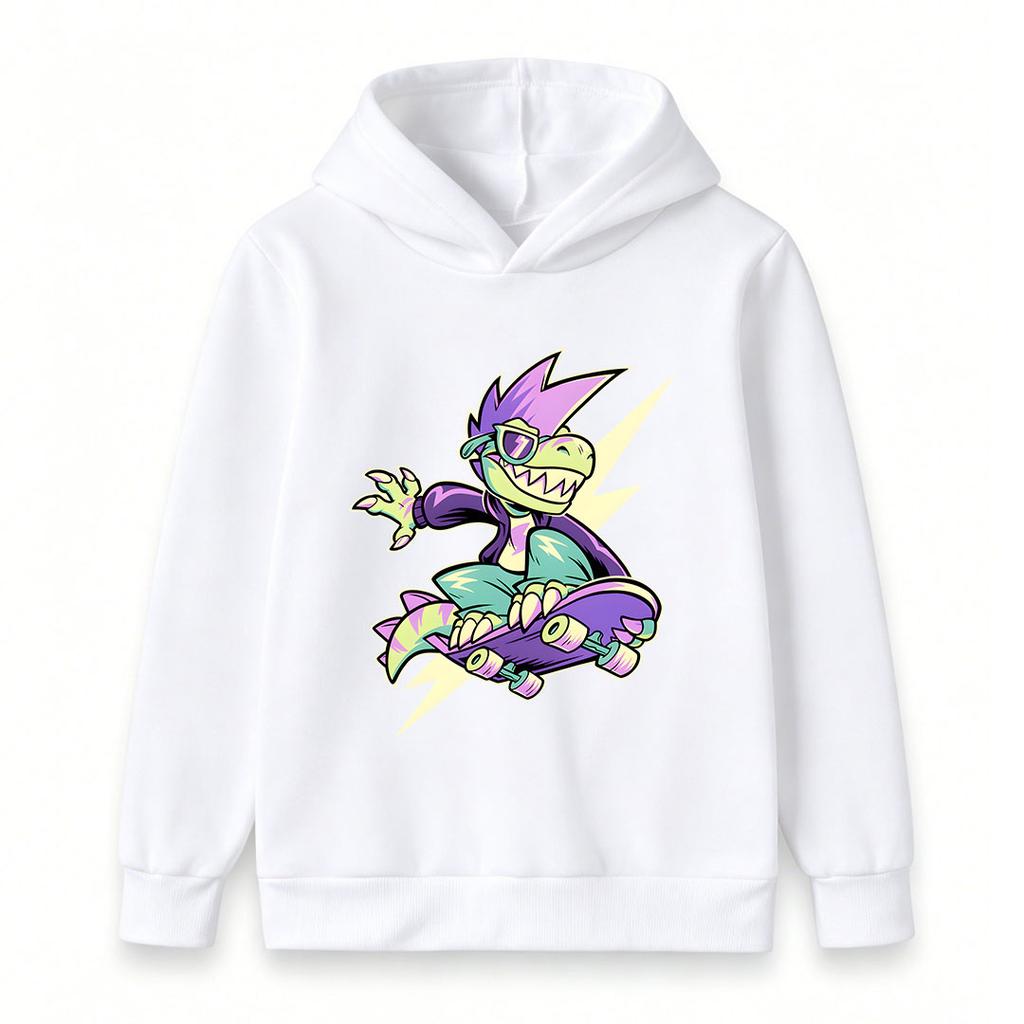 Kids Boys Girls Pullover Hoodie, Cool Cartoon Skateboarding Dinosaur Print Casual Lightweight Hooded Sweatshirt for Youth Daily Wear Street
