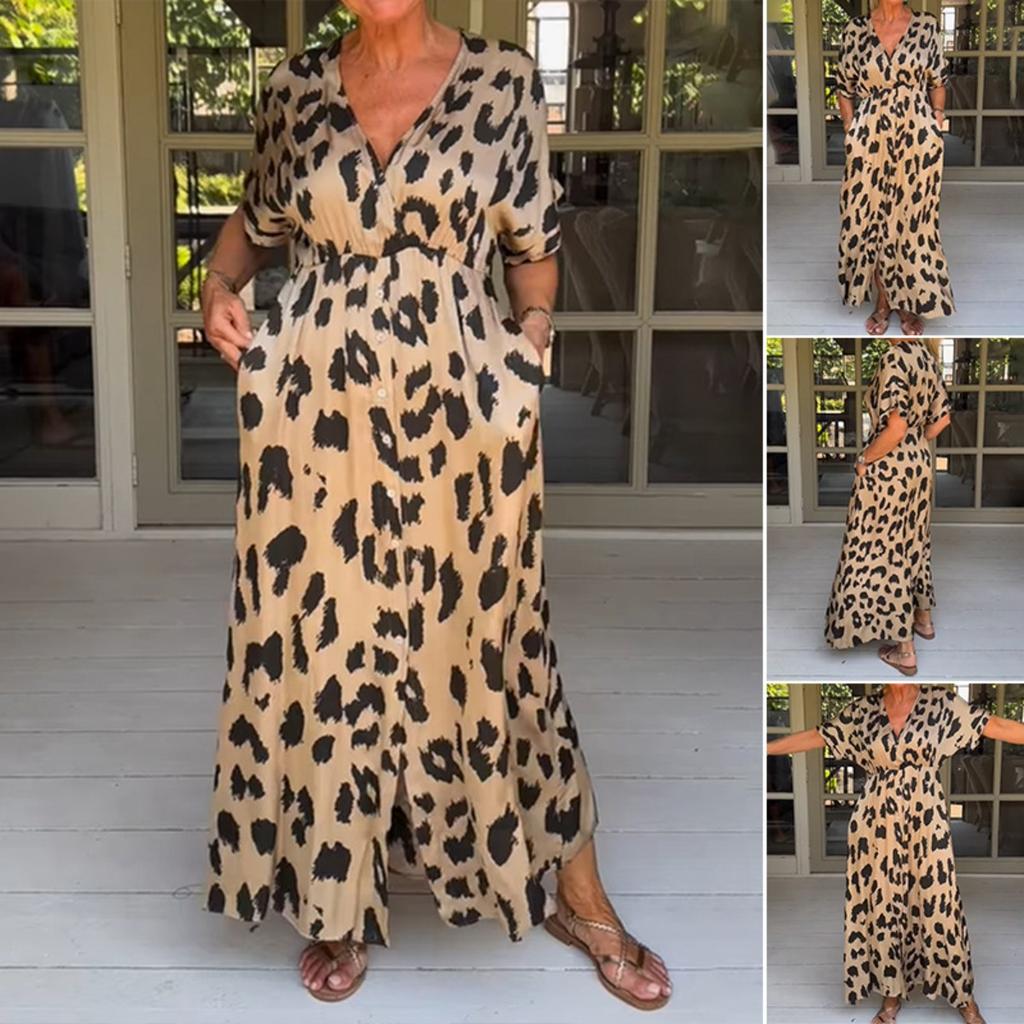 New Women's Casual Split Dress Loose Leopard Print Printed Dress for European and American Leisure
