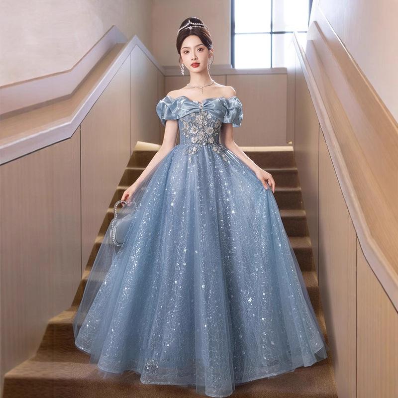 One-word Shoulder Blue Evening Dress Skirt 1011 New High-end Beautiful Light Luxury Niche Host High-end Sense Annual Meeting Women