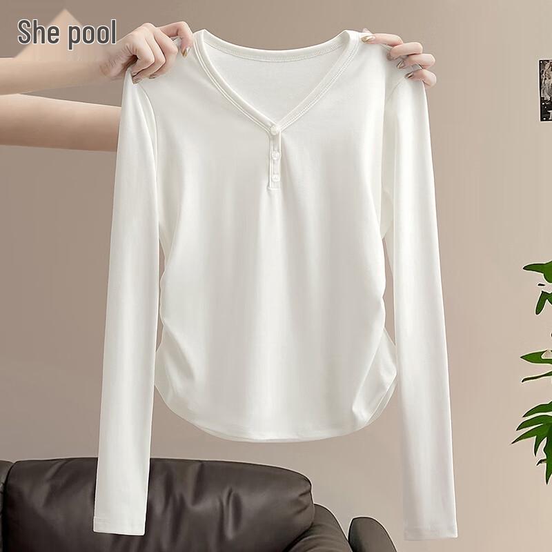 Women s V-Neck Half-Button Pleated Long Sleeve T-Shirt M