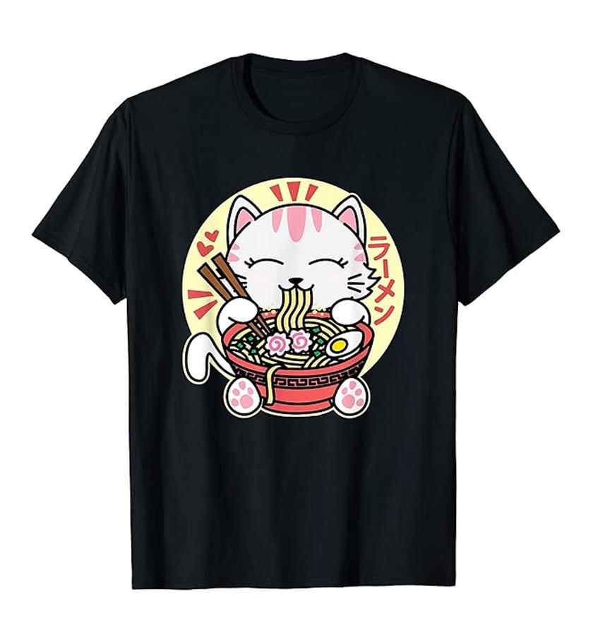 Round Cute Cat Smoke Hot Lamian Noodles Cartoon Printed T-shirt Vintage Pure Cotton Personality Short Sleeve for Men and Women