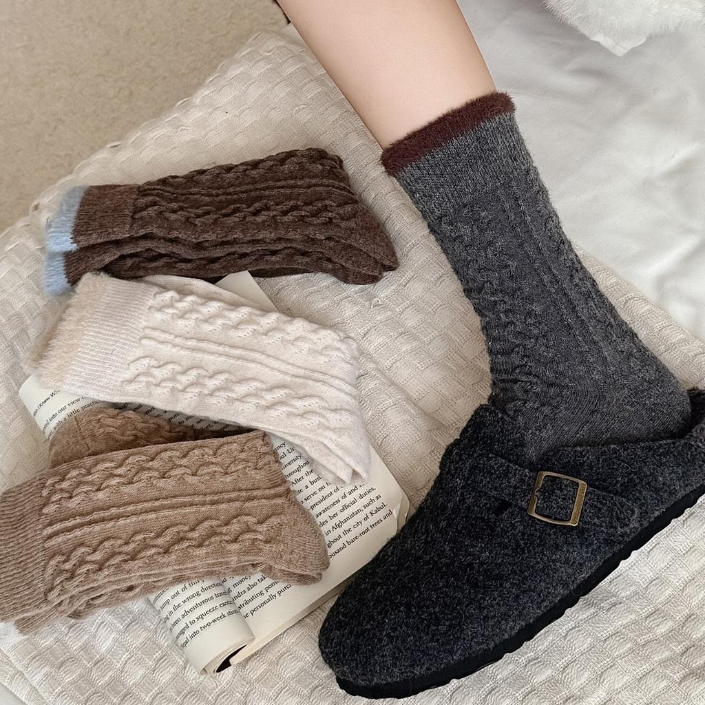 Wool Socks Children'S Warm Thickened Socks Fleece Medium Tube Socks Contrast Twist Striped Stacking Socks