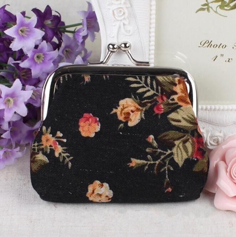 Women Girl Retro Rose Flowers Printed Hasp Canvas Coin Purse Wallets Buckle Pouch Bag Gift 1 Pc