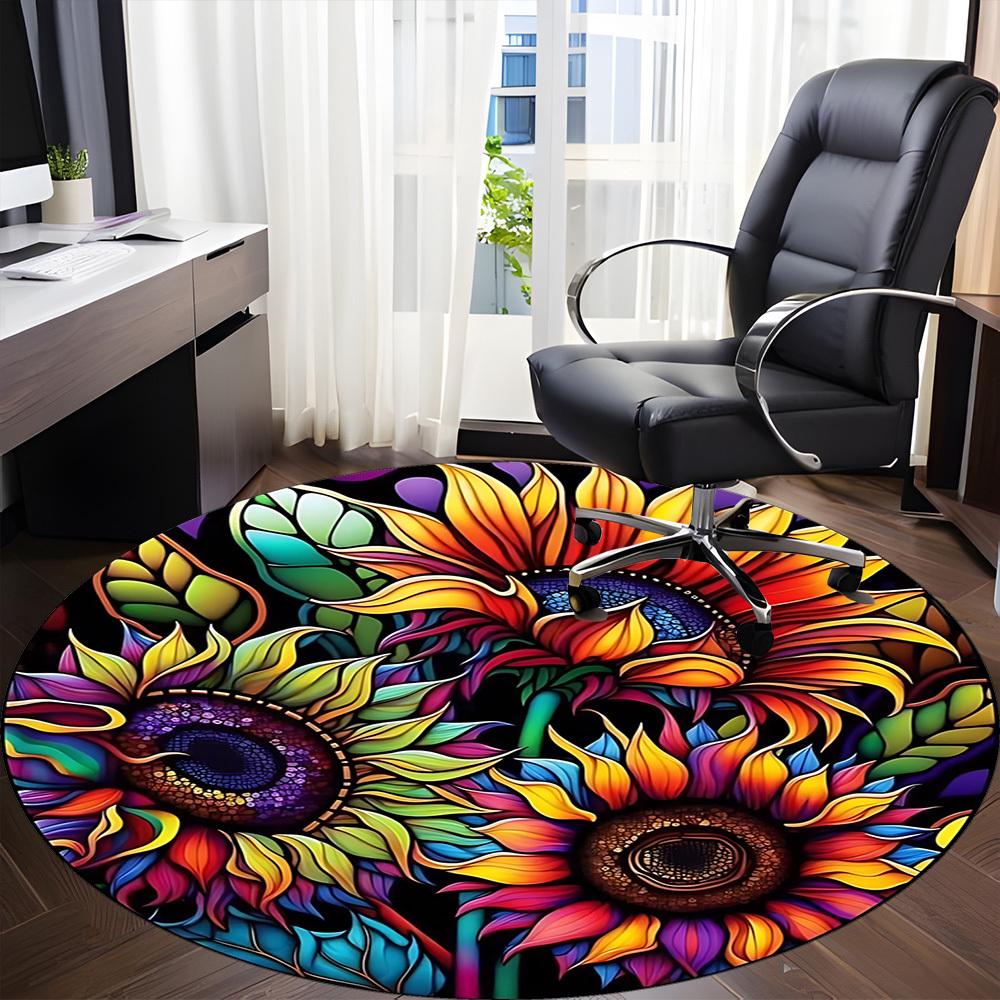 1 Stück Bunter Sonnenblumen-Buntglas-Stuhlteppich für das Büro, Runde Polyestermatte, Büro, Pflegeleichtes Gewebe, Waschbarer rutschfester Teppich