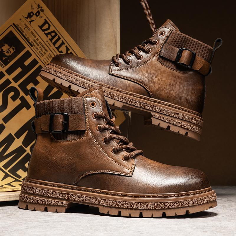 Fashion Autumn Leather Mid-top Shoes Fashion Male Ankle Boots Casual Outdoor Hiking Boots Sneakers Non-Slip Comfy Motocross Boots Botas