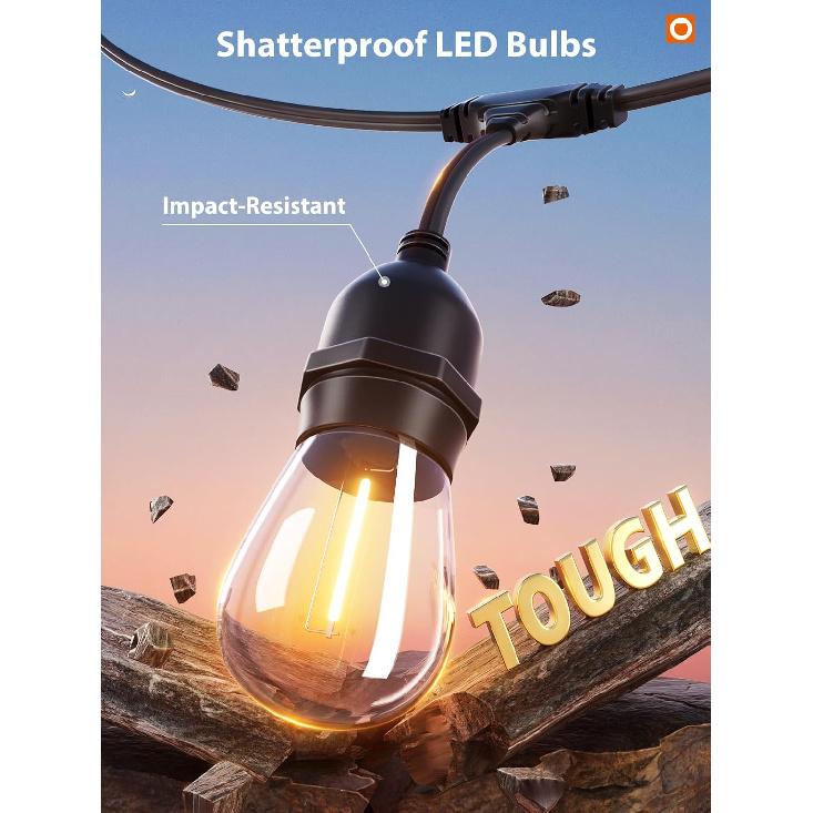 addlon LED Outdoor String Lights 48FT with Edison Vintage Shatterproof Bulbs and Commercial Grade Weatherproof Strand - ETL Listed Decorative Lights