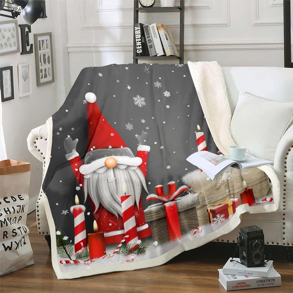 Merry Christmas Fleece Blanket for Kids Boys Girls Xmas Gnome Santa Claus Sherpa Blanket, Happy New Year Blanket Festival Themed