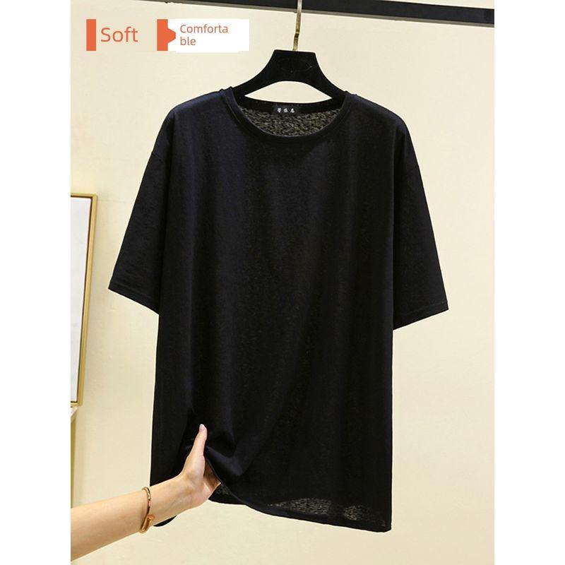Thin Short sleeve Cotton T-shirt Women Summer Black and White round Neck Bottoming Shirt Plus size Slimming Half Sleeve Student Sports T-shirt