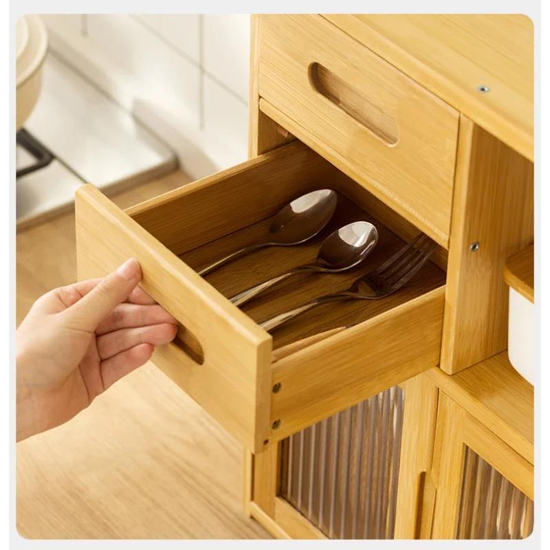 Household Bamboo Sundries Box Rack with Drawer Kitchen Storage Rack Multifunctional Multi-Layer Seasoning Dishes Storage Cabinet
