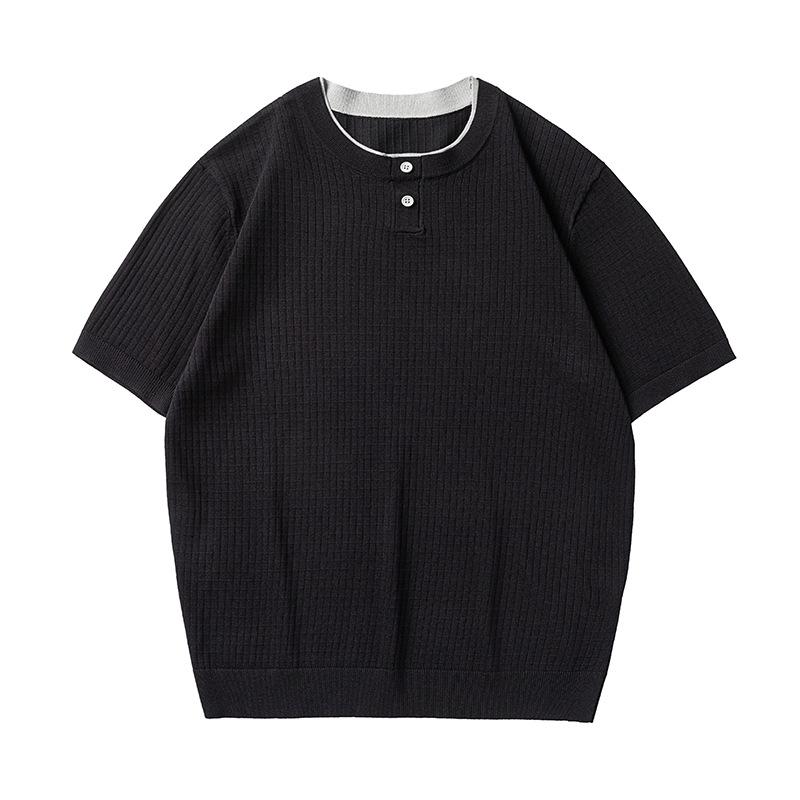 

Mu Qiu Menswear | 2026 Summer Henley Collar Textured Plaid Knit Short-Sleeved Men s T-Shirt L (60-70 kg)