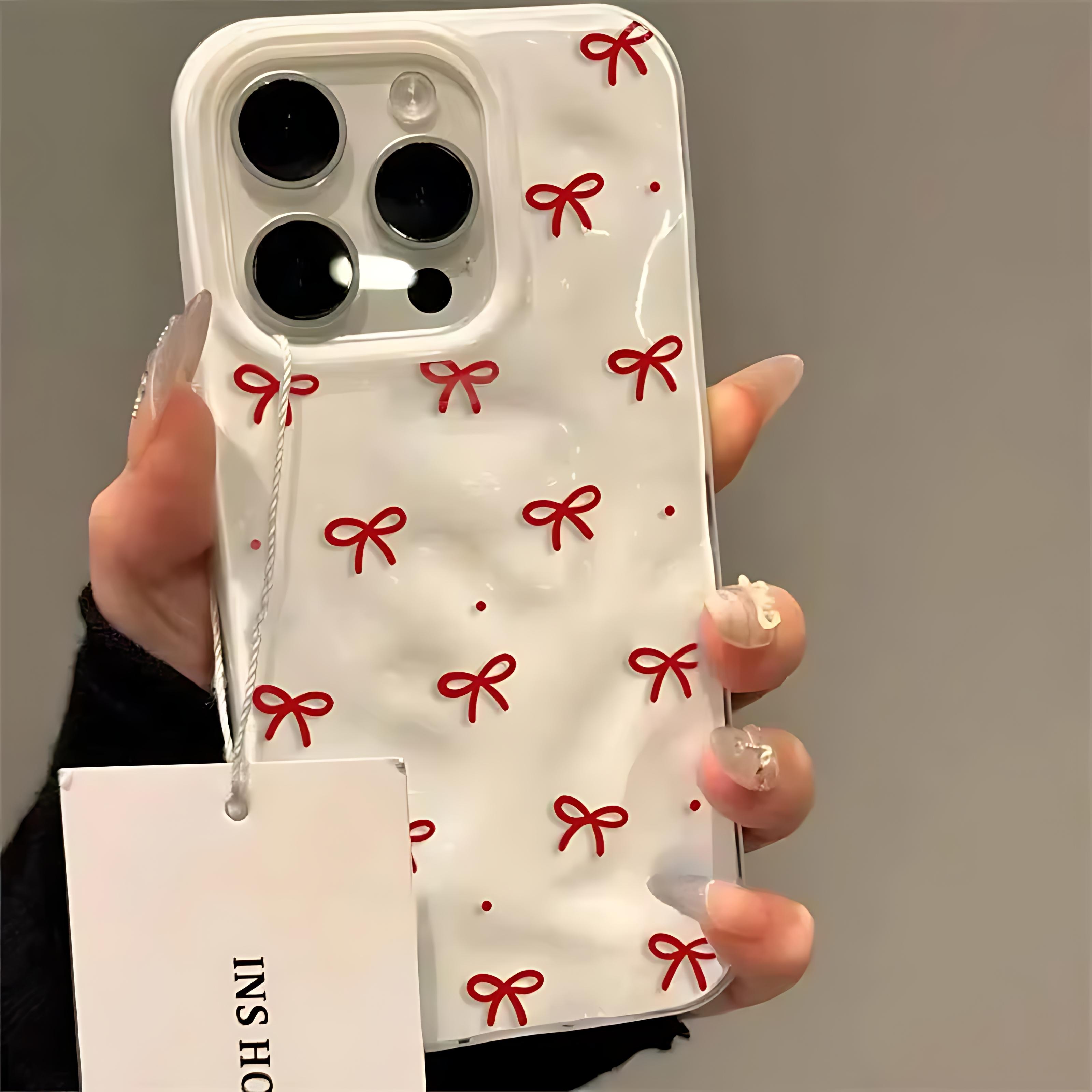 

Cute Red Bow Dots Folds Texture 3D Irregular Wrinkle Phone Cases For iPhone 17 16 15 14 Plus 13 12 Air Pro Max Shockproof Glossy iPhone 11