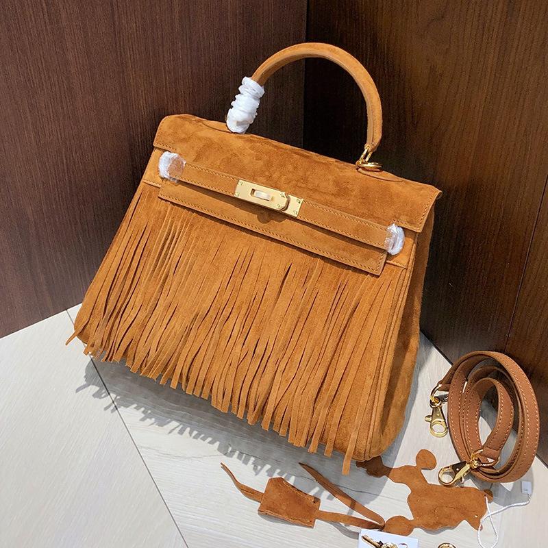 Autumn and Winter New First-layer Cowhide Suede Bag Genuine Leather Handbag Fringed Lock Commuter Shoulder Bag Women