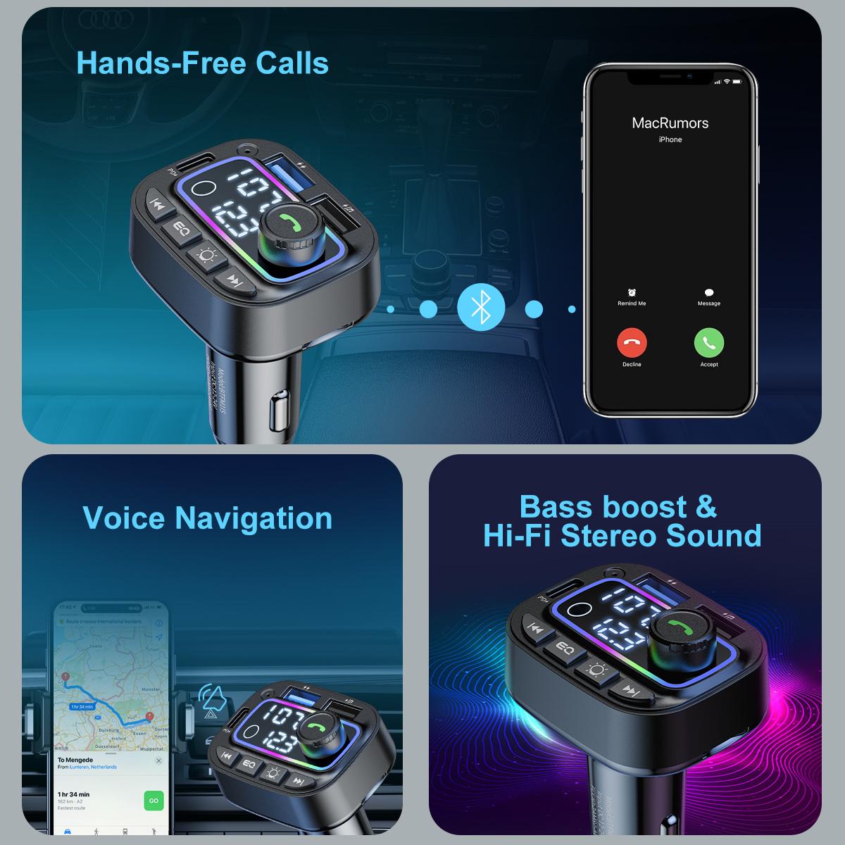 

T01 Кольорове підсвічування Bluetooth-сумісний Дзвінок в режимі гучного зв язку MP3-плеєр Type-C+Подвійний USB Автомобільний зарядний пристрій FM-трансмітер Type A