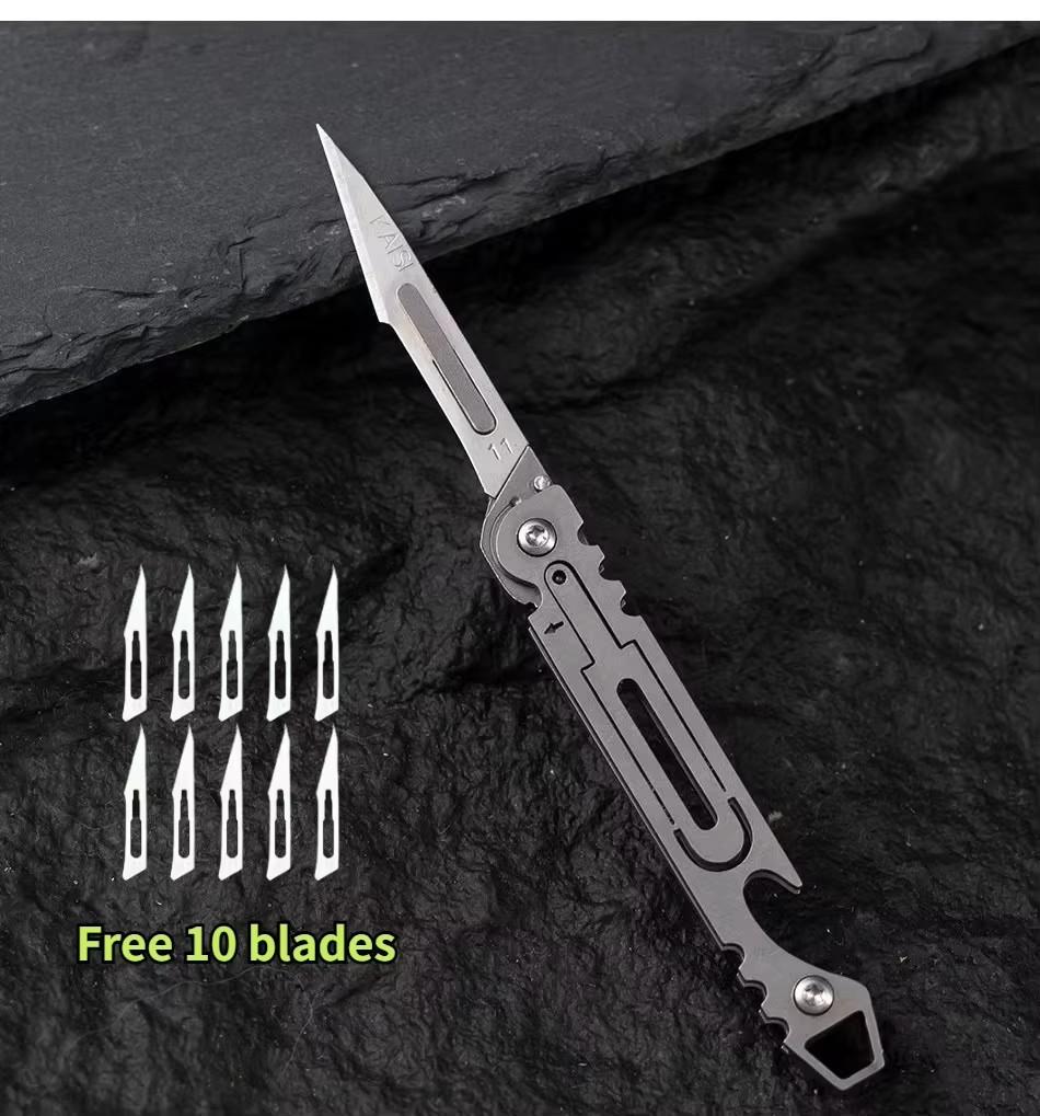 Multi Style New Mini Titanium Alloy Folding Surgical Knife for Outdoor Camping, Portable EDC Knife with 10 Free Blades
