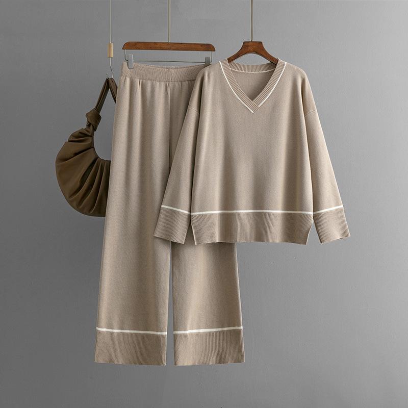 

Осінь-зима Lazy Wind Вільний пуловер-светр з V-подібним вирізом Жіночий однотонний трикотажний комплект із широкими штанами з довгими рукавами з двох частин One Size хакі