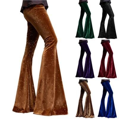 Women's Fashionable Color Vintage Velvet Flare Pants High Waist Stretchy Pant Casual Bell Bottom
