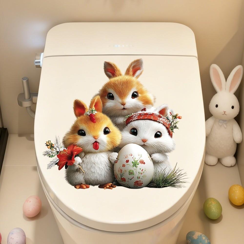 New Easter Flower Rabbit Toilet Sticker PVC Self-Adhesive Bathroom Decor Removable Waterproof Wall Stickers Wall Decoration