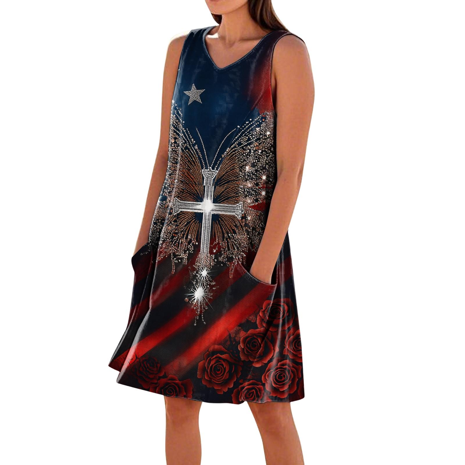 Women s Casual Printed Sleeveless V-Neck Pocket Dress XL красный